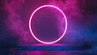 A pink neon ring glowing in a dark room. Suitable for tech or nightlife concepts