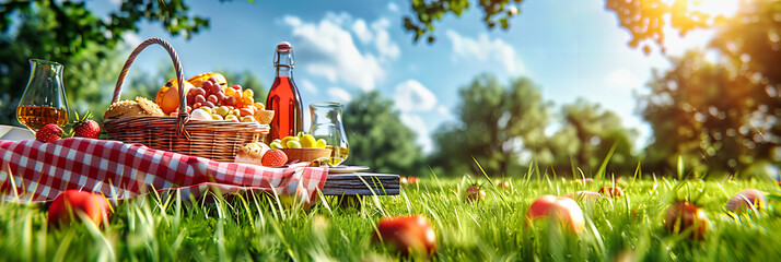 Summer Picnic Setup in a Meadow, Leisure and Food in Nature, Casual Outdoor Dining Concept