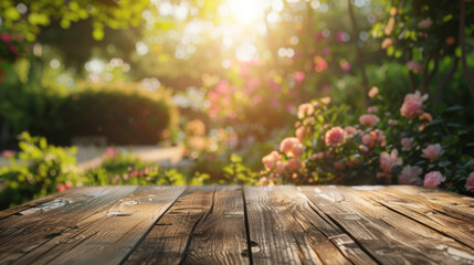 Wall Mural - A rustic wooden table foregrounds a blur of colorful garden flowers bathed in sunlight.