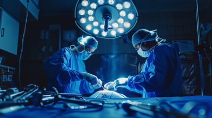 Poster - A surgical team is intensely focused on a procedure under an operating light in an operating room.