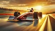 High-speed formula car racing into the sunset. As the car roars down the racetrack, its silhouette against the dying light embodies the speed and competition of racing