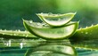 Sliced aloe vera with fresh droplets, close-up view. Aloe pieces stacked, glistening with moisture on a reflective surface.