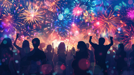 Sticker - A crowd of spectators at a festival with fireworks lighting up the night sky.