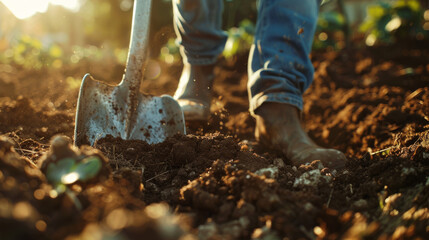 Canvas Print - A shovel digs into rich soil with a person in boots standing by during a gardening session.