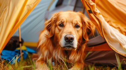 Wall Mural - Happy golden retriever dog enjoy camping time, looking out and smiling from a yellow tent on camping area, outdoor, copy space, in countryside rural landscape.