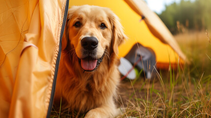 Wall Mural - Happy golden retriever dog enjoy camping time, looking out and smiling from a yellow tent on camping area, outdoor, copy space, in countryside rural landscape.