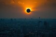 Solar eclipse over city skyline