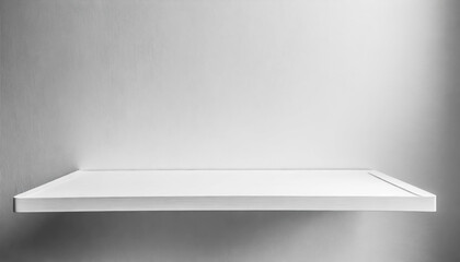 Fototapete - A white shelf with a white wall behind it. The shelf is made of wood with free space as a podium for product presentation