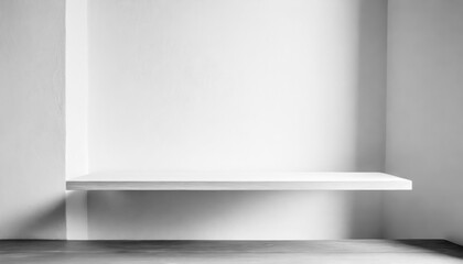 Fototapete - A white shelf with a white wall behind it. The shelf is made of wood with free space as a podium for product presentation