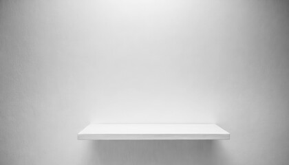 Fototapete - A white shelf with a white wall behind it. The shelf is made of wood with free space as a podium for product presentation