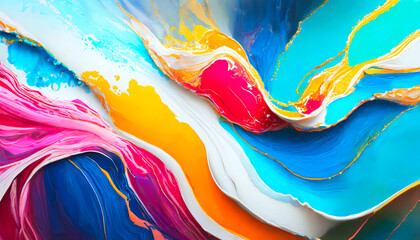 Poster - A colorful painting with a blue and yellow line. The painting is abstract and has a lot of gold and red colors& Abstract Colorful acril Background