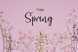 Fototapeta Mapy - Purple Spring Flower Arrangement, English Text Happy Spring