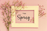 Fototapeta Mapy - Vintage Photo Frame With Flower Arrangement, English Text Happy Spring