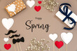 Flat Lay With Accessories, Gifts, Hearts, Text Happy Spring