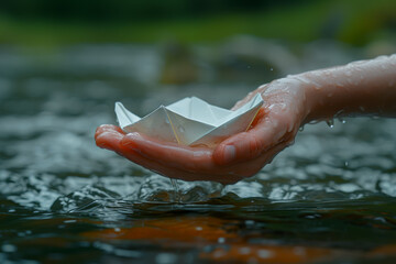 Canvas Print - A close-up of hands releasing a paper boat into a flowing stream, representing the journey and unpredictability of life. Concept of embracing uncertainty. Generative Ai.