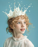 Fototapeta  - Teen girl with milk splash crown on light blue background