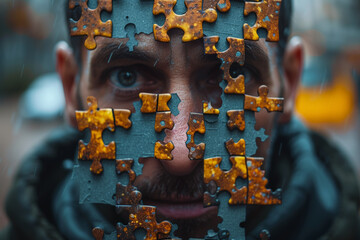 Canvas Print - A man holding a puzzle piece in front of his face, showcasing the complexity and mystery of mental health. Concept of the mind as a puzzle. Generative Ai.