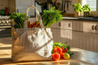 Eco friendly linen shopping bag with fresh vegetables on modern kitchen table. Generative AI