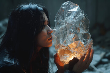 Poster - A woman holding a broken hourglass, emphasizing the fractured sense of time in the context of mental health. Concept of distorted time perception. Generative Ai.