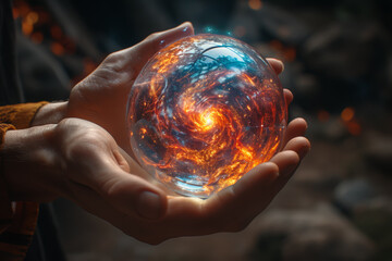 Poster - A close-up of hands holding a crystal ball with swirling emotions inside, symbolizing the unpredictable nature of mental well-being. Concept of emotional unpredictability. Generative Ai.