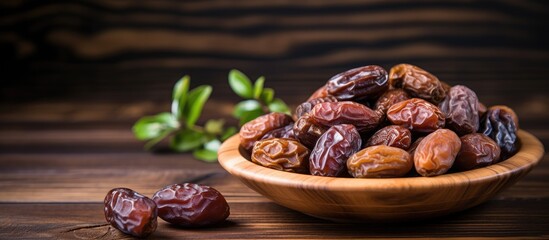 Canvas Print - Wooden bowl filled with dried dates and a sprig of green leaves