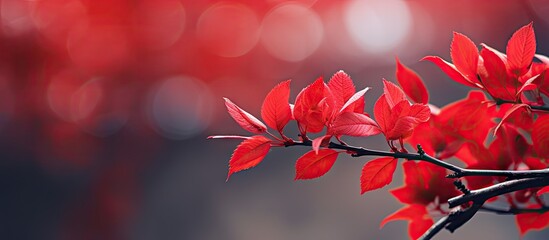 Wall Mural - Red leaf on branch against red backdrop