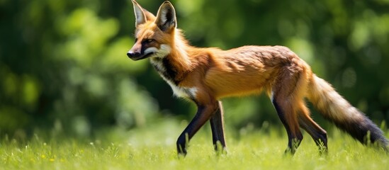 Wall Mural - A fox strolling across a vibrant green meadow