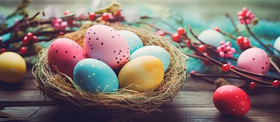 Wall Mural - Close-up of nest with eggs and berries on table