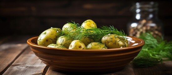 Wall Mural - Potatoes and dill in a bowl on wooden surface