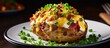 Baked potato with bacon, cheese, and green onion on a plate