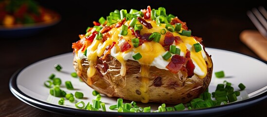 Canvas Print - Baked potato with bacon, cheese, and green onion on a plate