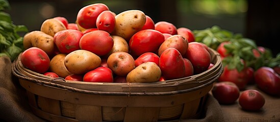 Canvas Print - Basket with tomatoes and potatoes on table