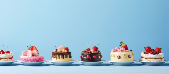 Poster - Row of assorted cakes on blue surface