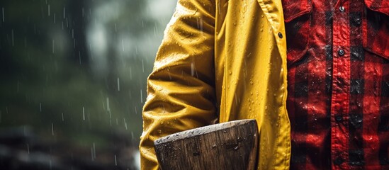 Man in yellow raincoat holding wooden axe