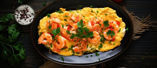 Canvas Print - Close-up plate of food featuring shrimp and tomatoes