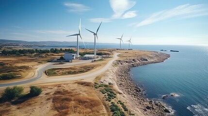 Wall Mural - Electric windmills of a wind farm or wind power station on the sea coast