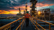 Worker in safety gear walks through an oil refinery, inspecting operations against a stunning sunset, highlighting industrial energy production