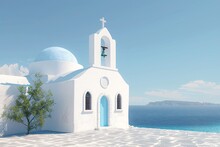 A White Church With A Blue Dome And A Cross On Top