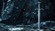 A mystical image that captivates with a silver sword suspended over a gothic snowy black background