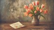 Delicate tulip bouquet in a vintage vase next to a handwritten Mothers Day card on a rustic wooden table rich in warm earthy tones background with empty space for text