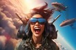 Asian Female Pilot in Helmet and Goggles Shouting Generative AI