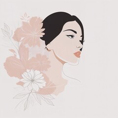 Abstract female face in one line. Woman face with flowers Surreal Line art female floral girl. Minimalism Abstract modern Continuous single line woman face portrait
