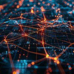 Wall Mural - High-detail visualization of a network with glowing orange links on a dark background, denoting complex data structures and connectivity