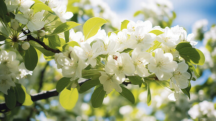 Wall Mural - Ambiance printanière, fleurs blanches, sur les branches d'un arbre, cerisier. Arrière-plan de flou et lumière claire, ensoleillé. Printemps, été. Pour conception et création graphique