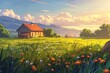 a field of flowers and a house