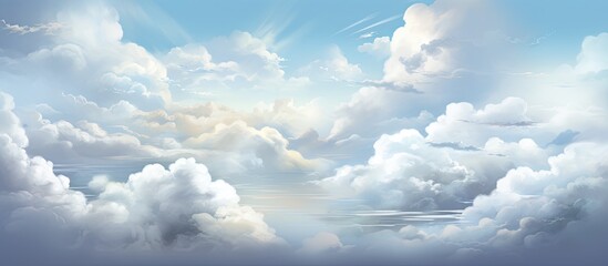 Wall Mural - a serene natural landscape painting capturing a cloudy sky with the sun peeking through cumulus clou