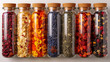 Elegant Array Of Herbal Teas Displayed In Transparent Glass Bottles