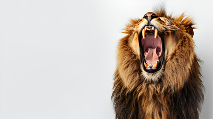 Wall Mural - Roaring lion head on a white background, copy space 