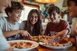 group of friends smiling eating pizza