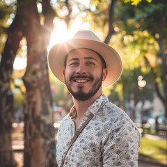 young man posing on the street in front of the camera with a hat